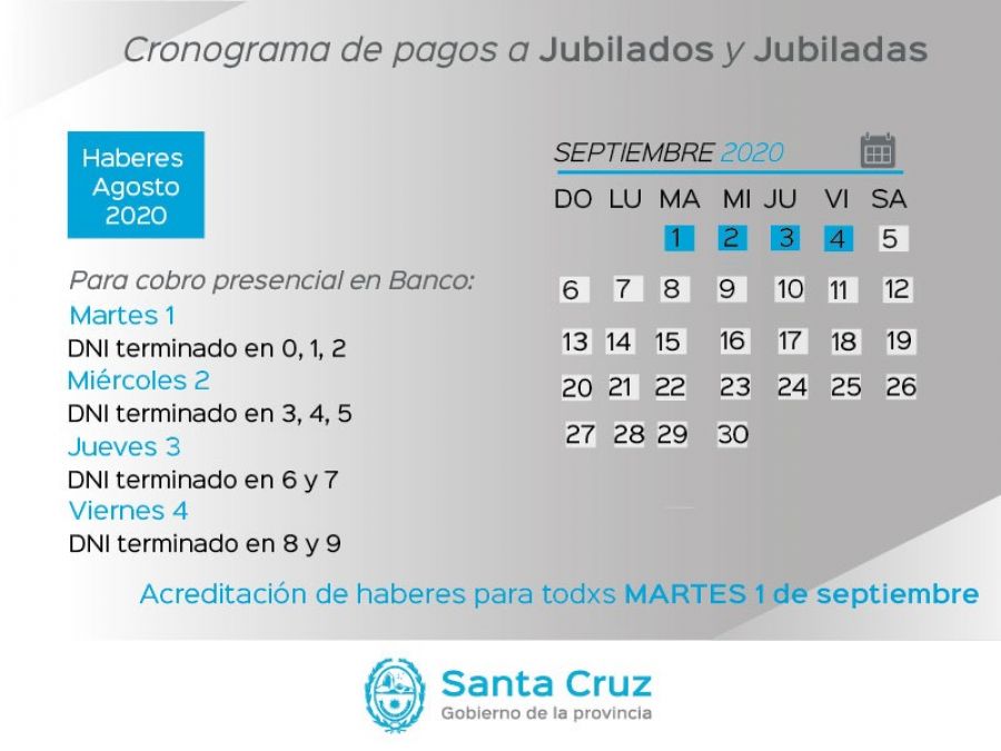 Cronograma de pago de jubilados y jubiladas de la provincia