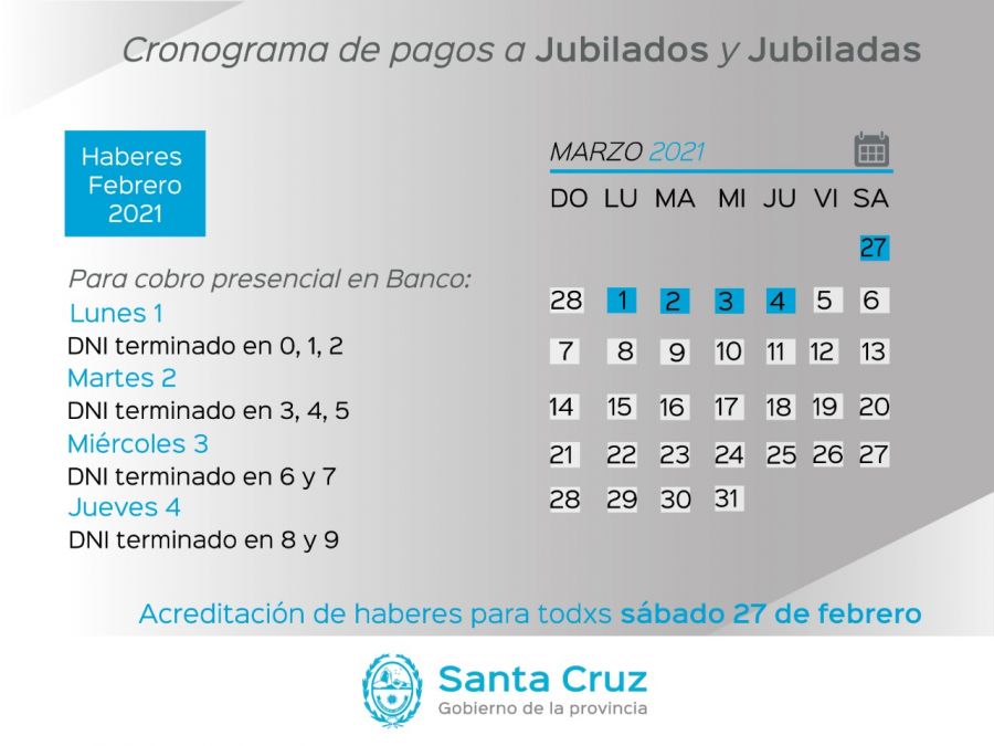 Cronograma de pago de jubilados y jubiladas de la provincia con terminación de DNI