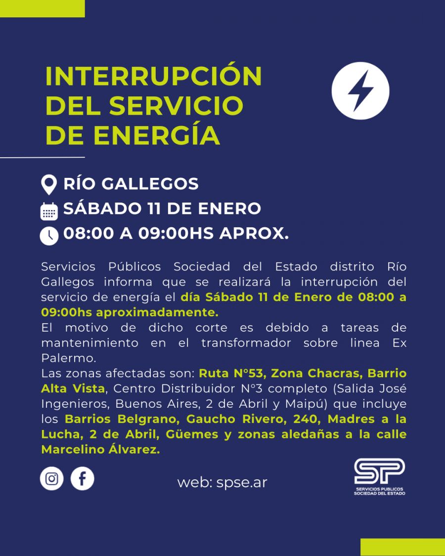 SPSE informa sobre interrupción del servicio eléctrico en sectores de Río Gallegos