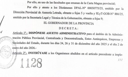 El Gobierno Provincial dispuso asueto administrativo para las fiestas de fin de año