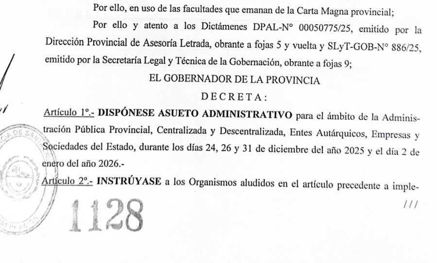 El Gobierno Provincial dispuso asueto administrativo para las fiestas de fin de año