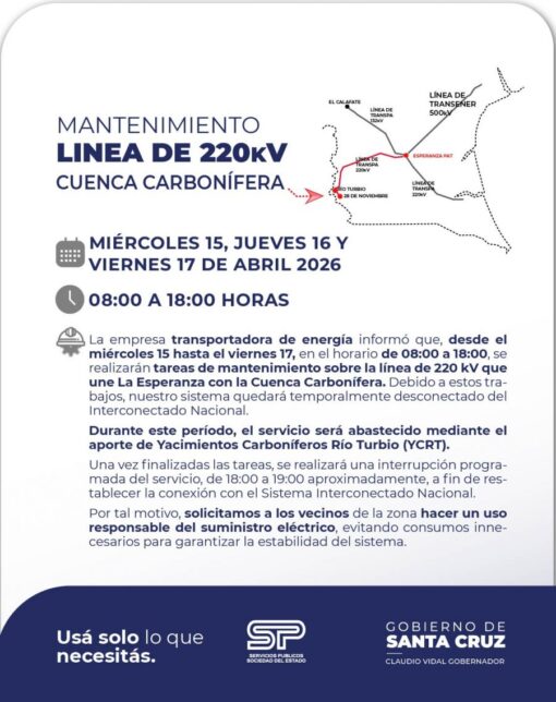Transener a través de Servicios Públicos informa sobre mantenimiento en la Cuenca Carbonífera